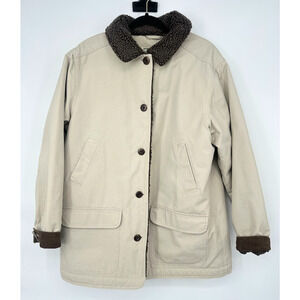 Vtg LL Bean Chore Jacket Women XL Light Tan Canvas Sherpa Lined Collar Barn Coat